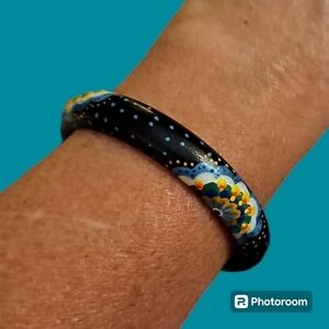 HOBIE Black Handpainted Floral Mandala Wood Bangle Bracelet